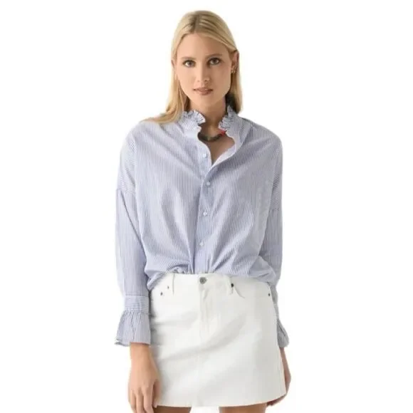 Alex Mill Top Womens XS Blue White Striped Easy Ruffle Frill Neck Cotton Career - Picture 10 of 11